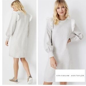 Ann Taylor Women's Grey Sweatshirt Casual Long Sleeve Dress with Eyelet Ruffles